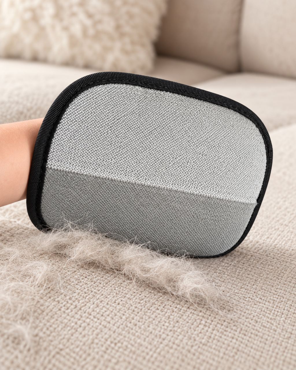 Gant anti-poils Compelio utilisé sur un canapé beige pour récupérer les poils