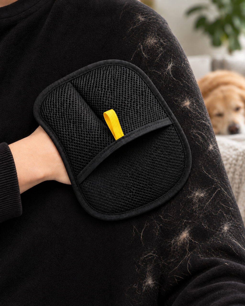 Gant anti-poils Compelio utilisé sur un sweat noir couvert de poils d'animal
