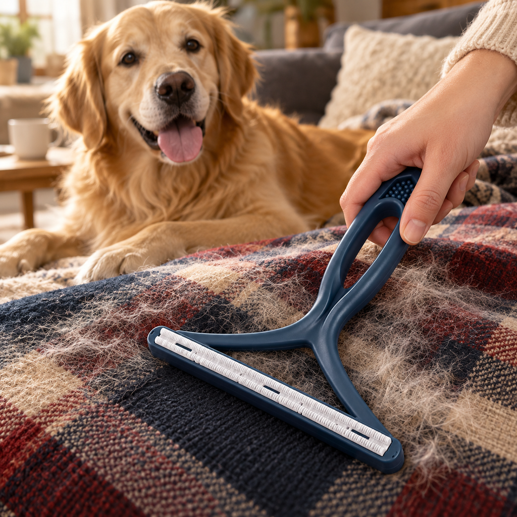 Raclette anti-poils Compelio bleu foncé utilisée sur un plaid avec un chien