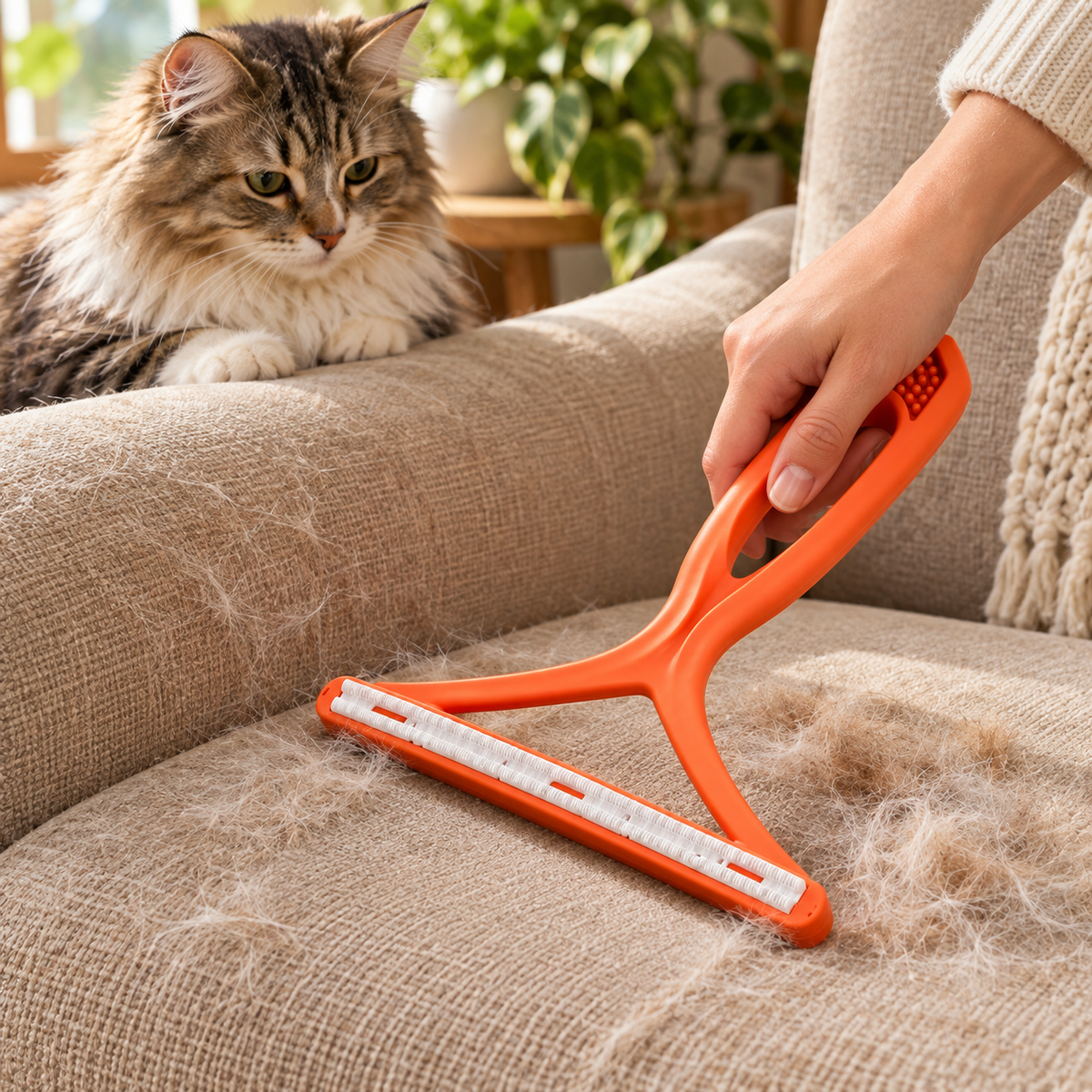 Raclette anti-poils Compelio orange utilisée sur un canapé avec un chat