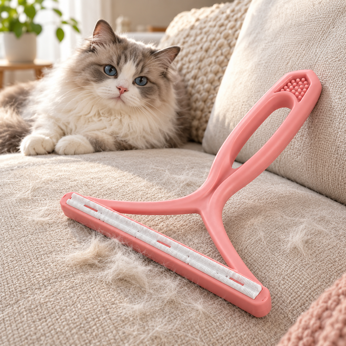 Raclette anti-poils Compelio rose sur canapé avec un chat